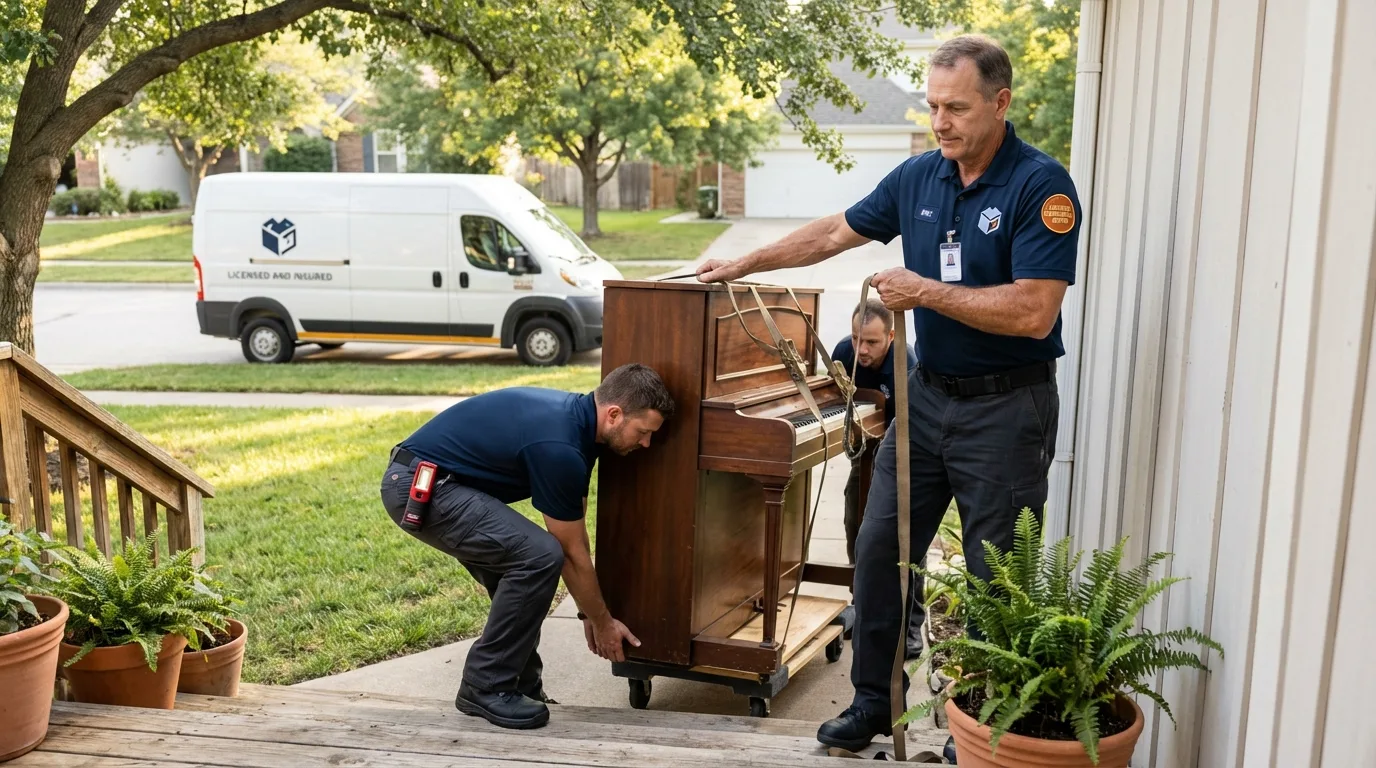 Licensed piano movers securing grand piano in Ipswich, SD