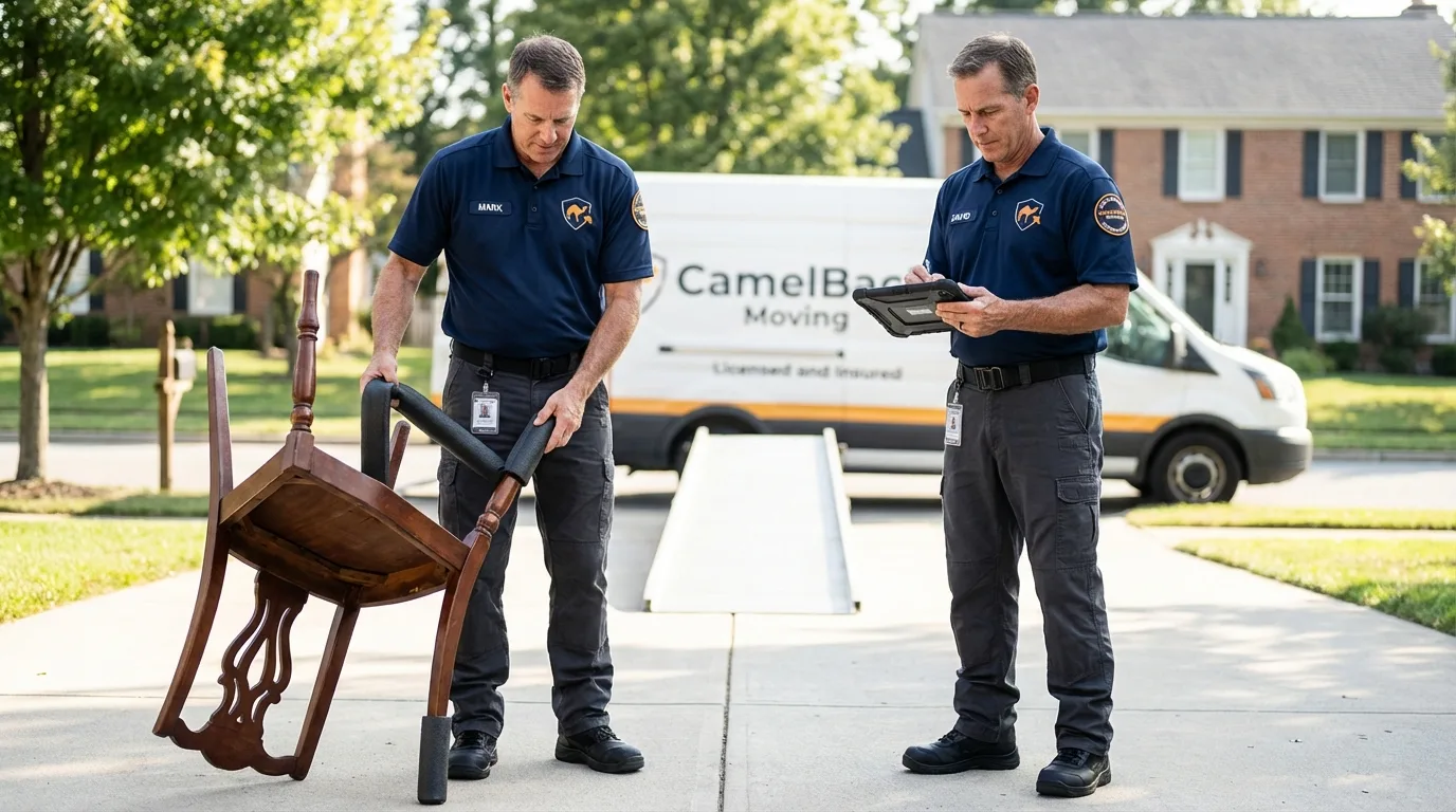 Movers inspecting furniture for damage prevention before loading in Ipswich, SD