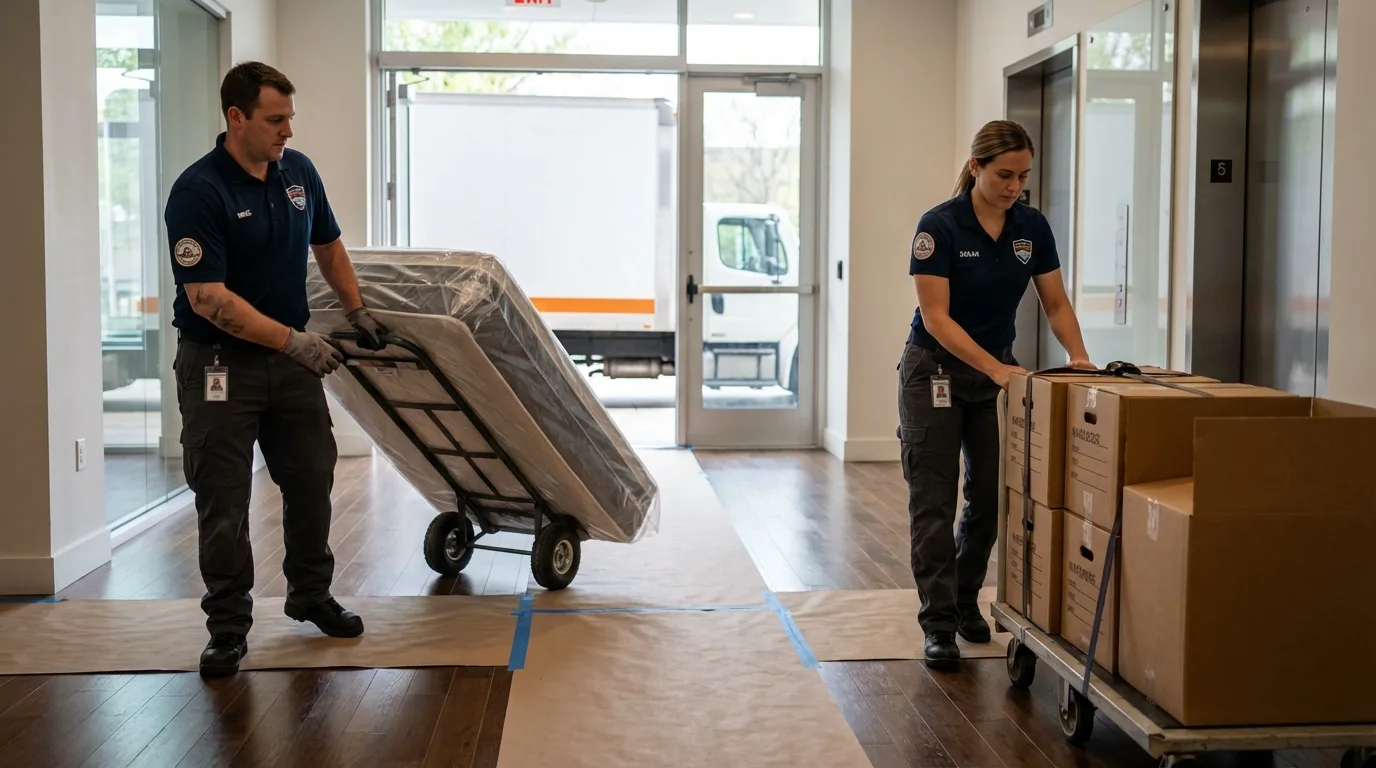 Professional apartment movers loading elevator in Ipswich, SD